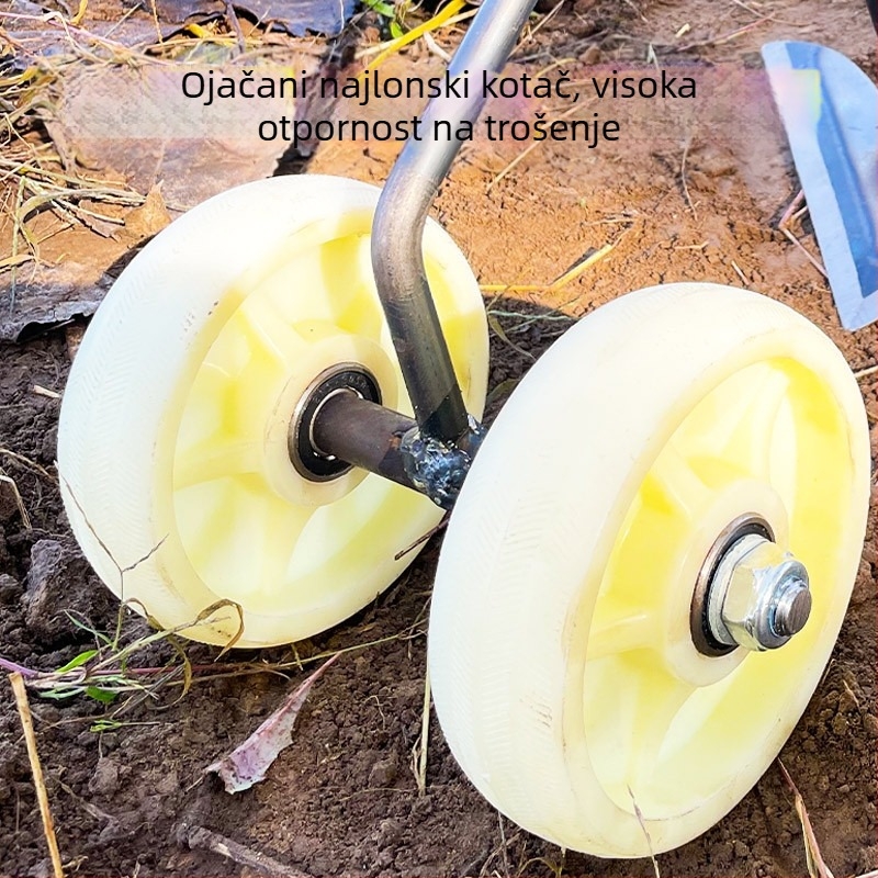 Trojedini alat za uklanjanje korova s dvokolesnim pogonom: otpuštanje tla, stvaranje brazdi i gnojidba povrća.