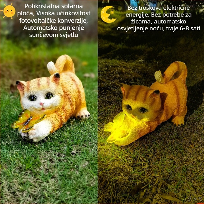 Solarna vrtna svjetiljka od smole sa skulpturom mačke i leptira, za vanjsku upotrebu na balkonu i travnjaku