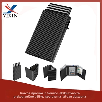 Muški novčanik s tri-fold pop-up mehanizmom, aluminijski okvir, RFID zaštita, veliki kapacitet, podstava od mikrovlaknastog ulja voska