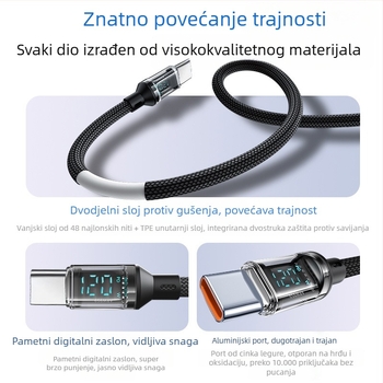 USB-C kabel s pletenim opletenjem za brzo punjenje s digitalnim zaslonom, 120W max