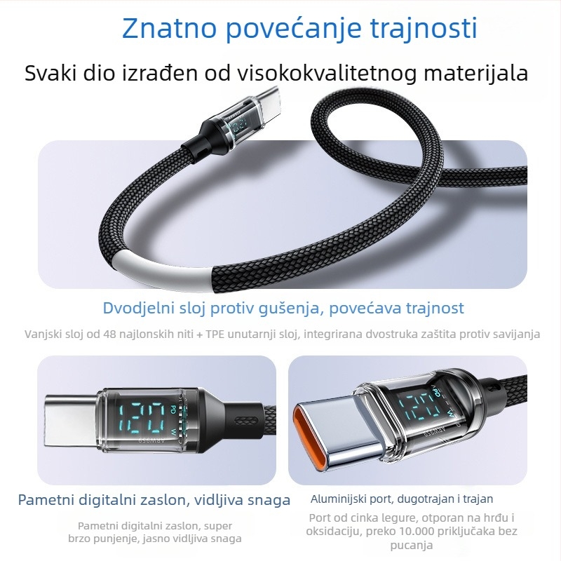 USB-C kabel s pletenim opletenjem za brzo punjenje s digitalnim zaslonom, 120W max