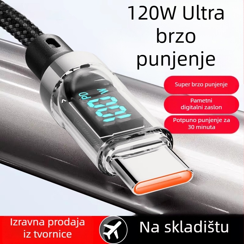 USB-C kabel s pletenim opletenjem za brzo punjenje s digitalnim zaslonom, 120W max