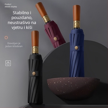 Kišobran s trostrukim preklopom, čvrsta drška od drveta, okvir od vlakana s 10 kraka, tkanina 210T, automatsko otvaranje