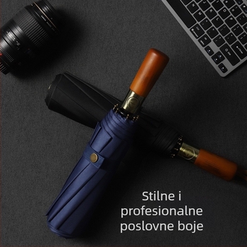 Kišobran s trostrukim preklopom, čvrsta drška od drveta, okvir od vlakana s 10 kraka, tkanina 210T, automatsko otvaranje