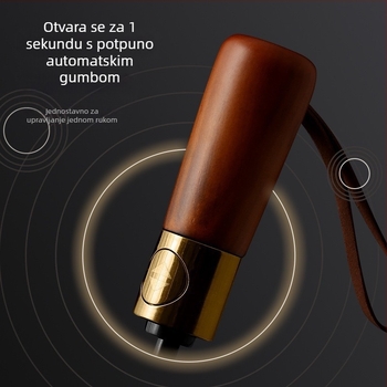 Kišobran s trostrukim preklopom, čvrsta drška od drveta, okvir od vlakana s 10 kraka, tkanina 210T, automatsko otvaranje