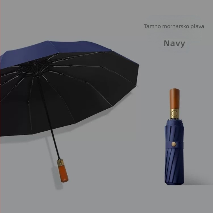 Kišobran s trostrukim preklopom, čvrsta drška od drveta, okvir od vlakana s 10 kraka, tkanina 210T, automatsko otvaranje