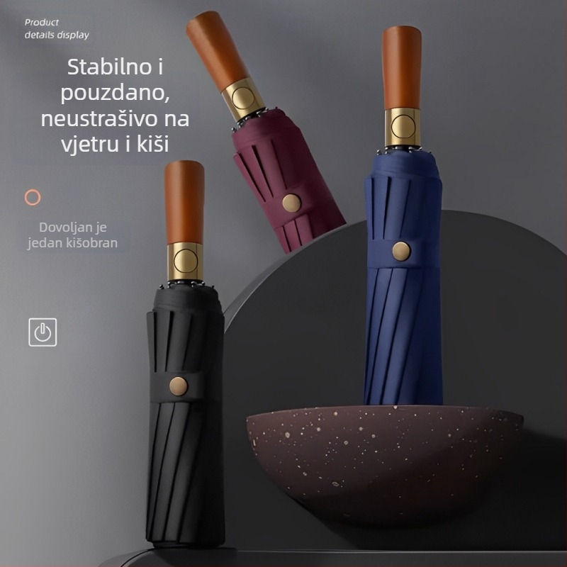 Kišobran s trostrukim preklopom, čvrsta drška od drveta, okvir od vlakana s 10 kraka, tkanina 210T, automatsko otvaranje