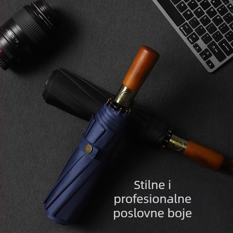 Kišobran s trostrukim preklopom, čvrsta drška od drveta, okvir od vlakana s 10 kraka, tkanina 210T, automatsko otvaranje