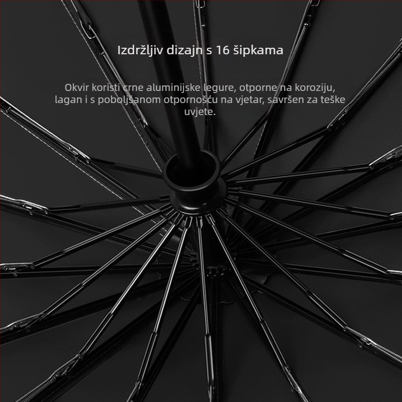 Kišobran s trostrukim preklopom, čvrsta drška od drveta, okvir od vlakana s 10 kraka, tkanina 210T, automatsko otvaranje