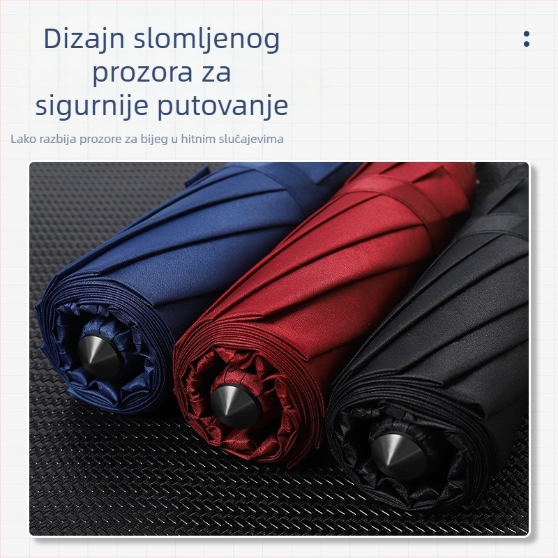 Automatski sklopivi kišobran za automobil, moderan trodijelni dizajn, 10 čeličnih rebara, tkanina 190T, UPF > 40, moguć tisak loga (automatsko otvaranje, trodijelni dizajn, 10 čeličnih rebara, 190T tkanina, UPF > 40)