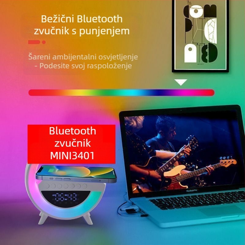 Bluetooth zvučnik, Bluetooth 5.3, ugrađena baterija 1200–2000 mAh, 15W izlaz, bežično punjenje i ambijentalno osvjetljenje, frekvencijski raspon 100Hz–20kHz