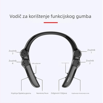 Bluetooth zvučnik za vrat s 4 zvučnika, 100 Hz–20 kHz, IPX4 vodootporan, domet do 15 m, Bluetooth 5.0