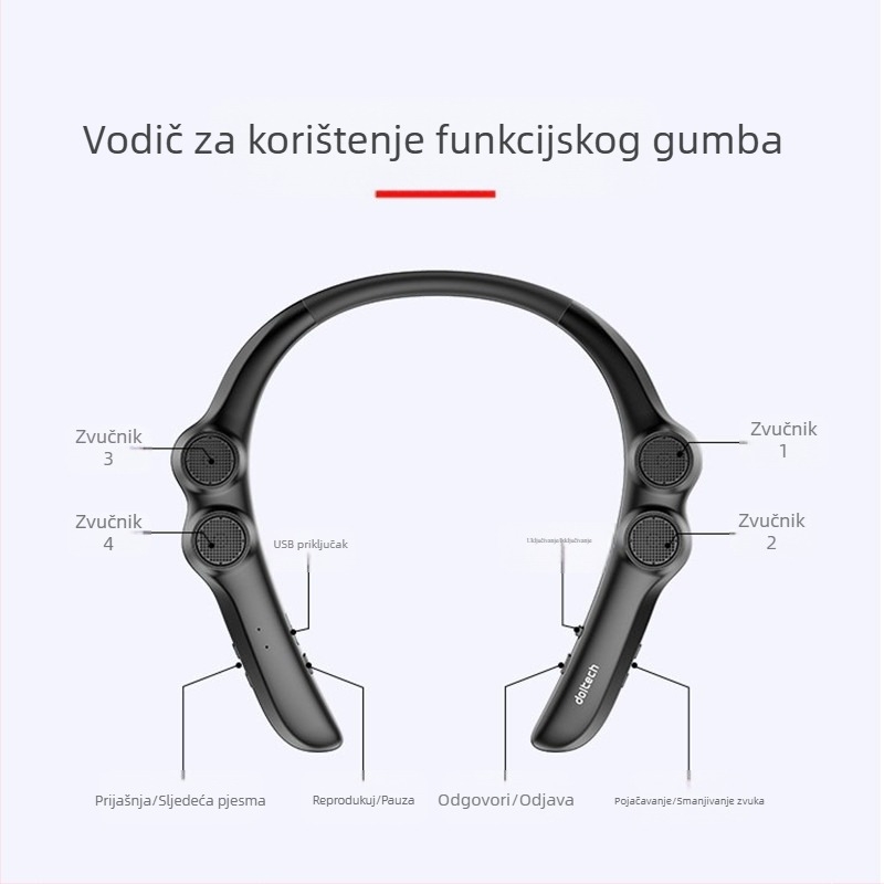 Bluetooth zvučnik za vrat s 4 zvučnika, 100 Hz–20 kHz, IPX4 vodootporan, domet do 15 m, Bluetooth 5.0