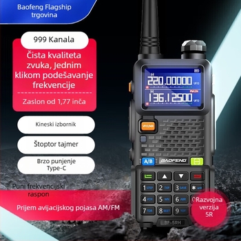 Baofeng UV-5R BF-5RH/M radio s zaslonom, frekvencijski raspon 136-174/400-520 MHz, izlazna snaga 5W, 128 kanala, domet 1,5–3 km