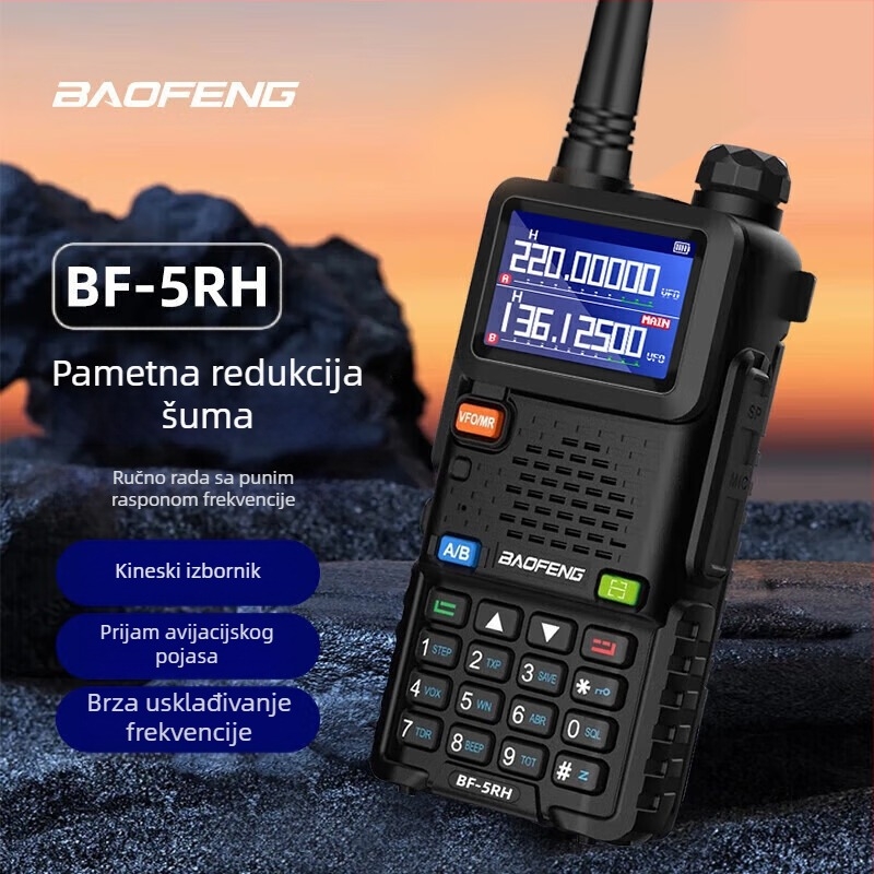 Baofeng UV-5R BF-5RH/M radio s zaslonom, frekvencijski raspon 136-174/400-520 MHz, izlazna snaga 5W, 128 kanala, domet 1,5–3 km