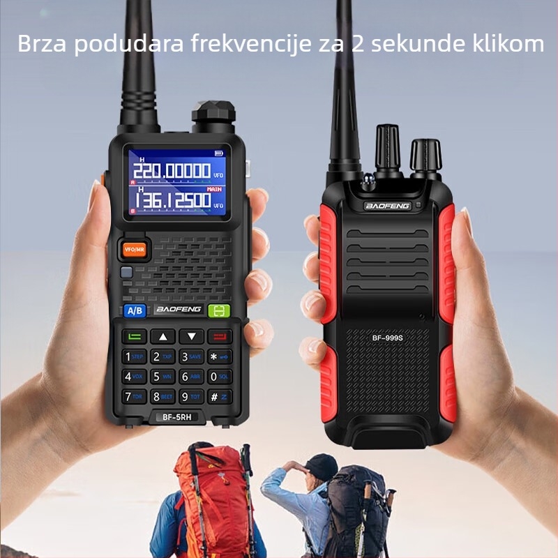 Baofeng UV-5R BF-5RH/M radio s zaslonom, frekvencijski raspon 136-174/400-520 MHz, izlazna snaga 5W, 128 kanala, domet 1,5–3 km