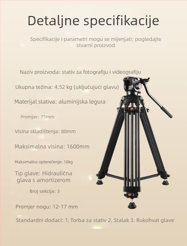 Lovozzen LDV-E01 Svadbeni fotografijski stativ s hidraulijskim PTZ-om, aluminijska legura, 3 sekcije, nosivost 10 kg, visina 180 cm, uključuje ploču brzog otpuštanja