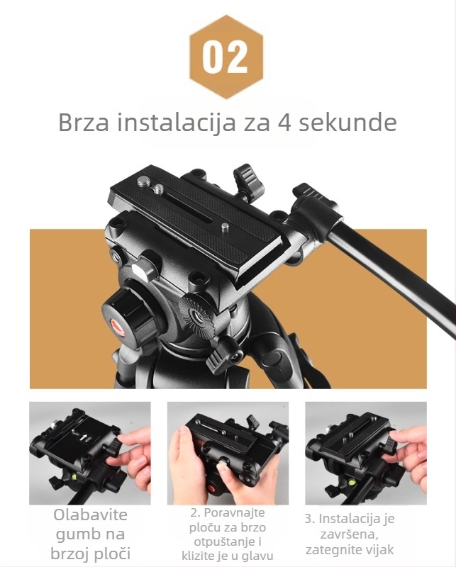 Lovozzen LDV-E01 Svadbeni fotografijski stativ s hidraulijskim PTZ-om, aluminijska legura, 3 sekcije, nosivost 10 kg, visina 180 cm, uključuje ploču brzog otpuštanja