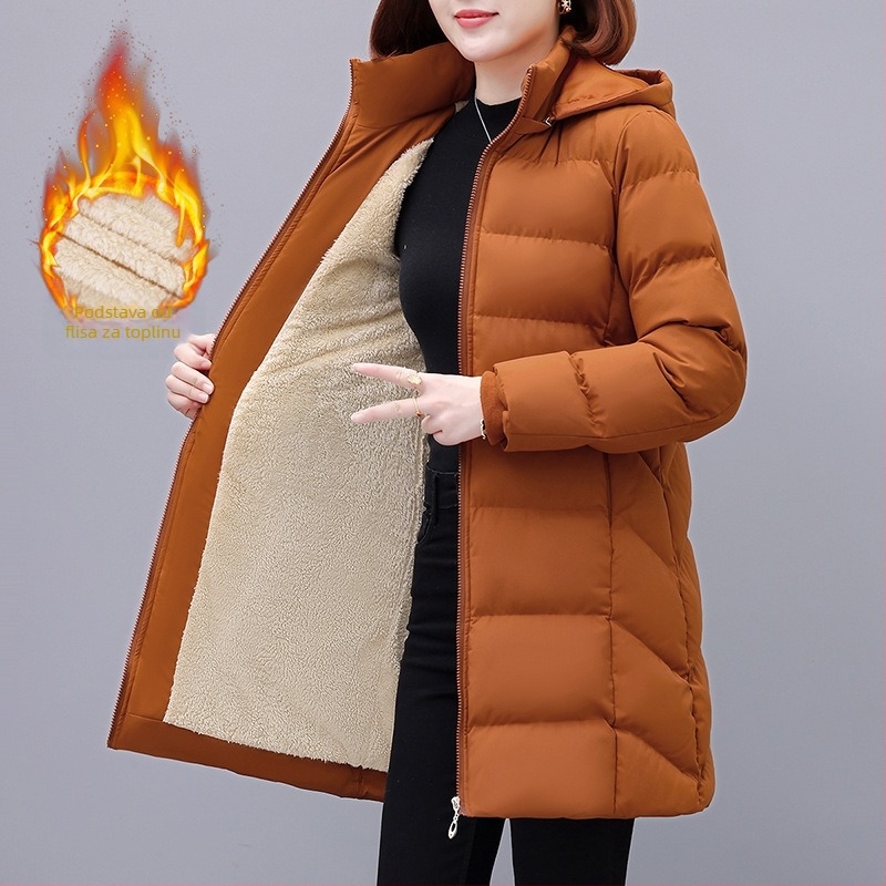 Ženski srednje dugačak kaput s punom od perja i pamuka, s odvojivom kapuljom, zatvarač, poliester tkanina