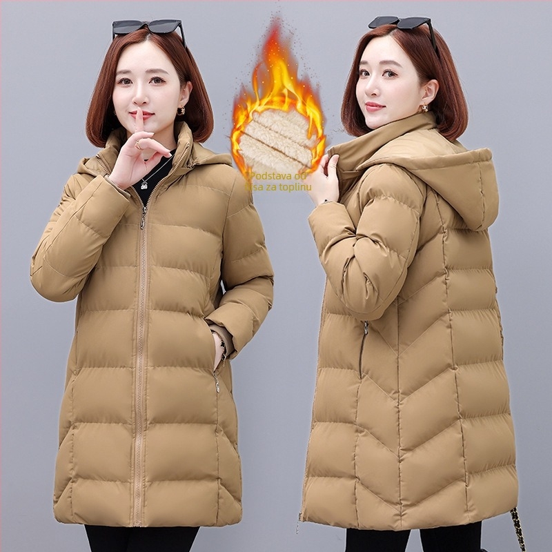 Ženski srednje dugačak kaput s punom od perja i pamuka, s odvojivom kapuljom, zatvarač, poliester tkanina