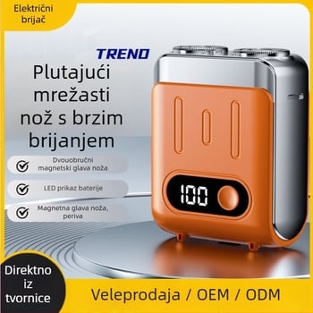 Električni brijač s LED zaslonom, lebdeća glava s dvije oštrice, rotirajuća glava, ugrađena punjiva baterija 300–500 mAh, do 60 minuta rada, zamjenjive i perive oštrice