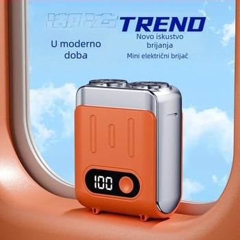 Električni brijač s LED zaslonom, lebdeća glava s dvije oštrice, rotirajuća glava, ugrađena punjiva baterija 300–500 mAh, do 60 minuta rada, zamjenjive i perive oštrice