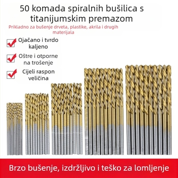 Set spiralnih bušilica s titanijskim premazom za drvo, 50 kom, ravna ručka, za električnu bušilicu