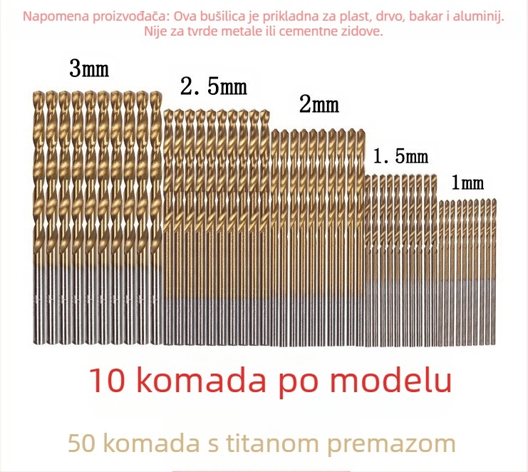 Set spiralnih bušilica s titanijskim premazom za drvo, 50 kom, ravna ručka, za električnu bušilicu