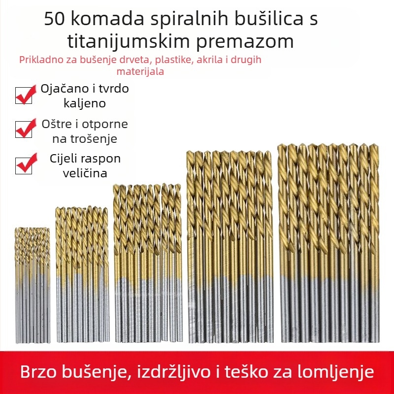 Set spiralnih bušilica s titanijskim premazom za drvo, 50 kom, ravna ručka, za električnu bušilicu