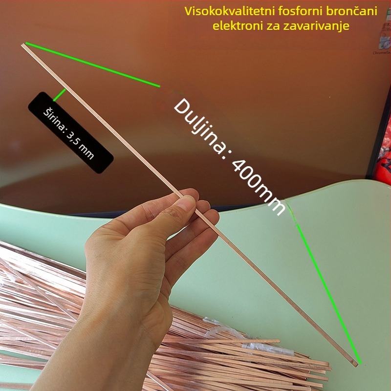 Elektroda za zavarivanje bakra i bakarnih legura s fosfornim bakrom, materijal fosforni bakar, zavarački napon 220 A, radna temperatura 100 °C, pogodna za hladnjake