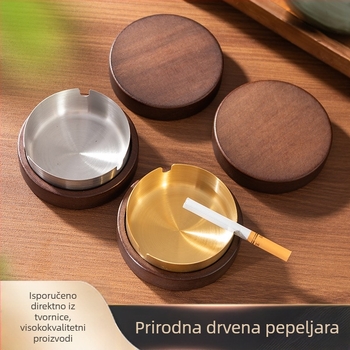 Okrugli pepeljara od akacije s drvenim poklopcem, moderni minimalistički stil, za kućnu upotrebu i poslovne poklone.