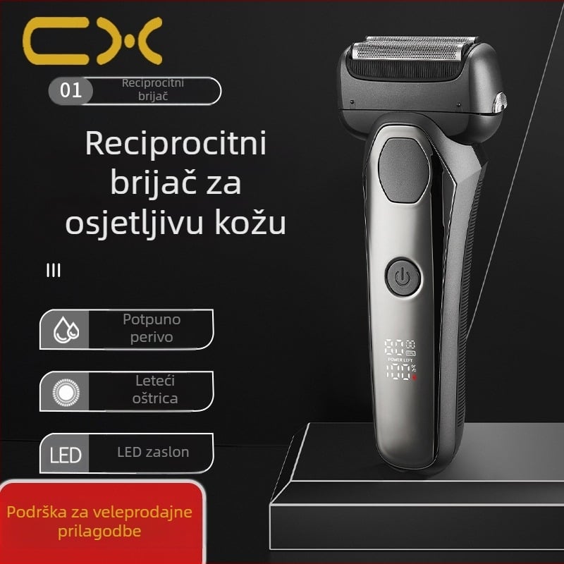 Električni brijač s 3-rezna recipročna glava, ugrađena baterija 500–800 mAh, LED zaslon, funkcija pranja cijelog tijela, trajanje rada preko 60 minuta
