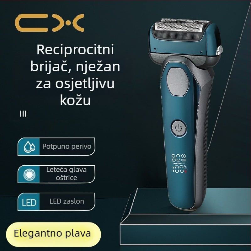 Električni brijač s 3-rezna recipročna glava, ugrađena baterija 500–800 mAh, LED zaslon, funkcija pranja cijelog tijela, trajanje rada preko 60 minuta