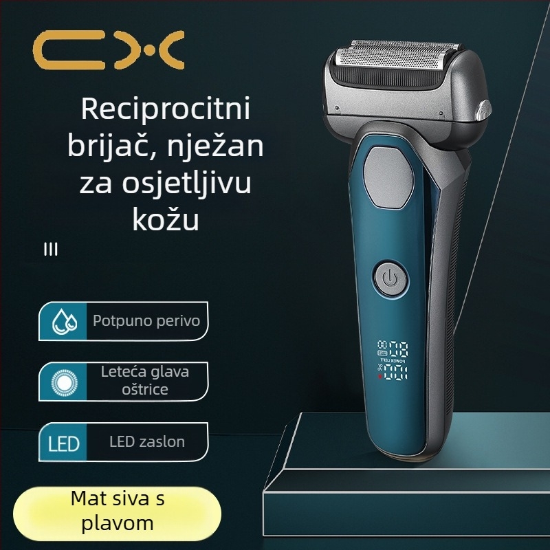 Električni brijač s 3-rezna recipročna glava, ugrađena baterija 500–800 mAh, LED zaslon, funkcija pranja cijelog tijela, trajanje rada preko 60 minuta