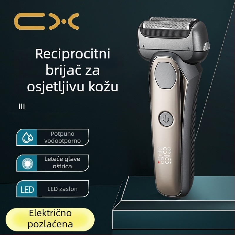 Električni brijač s 3-rezna recipročna glava, ugrađena baterija 500–800 mAh, LED zaslon, funkcija pranja cijelog tijela, trajanje rada preko 60 minuta