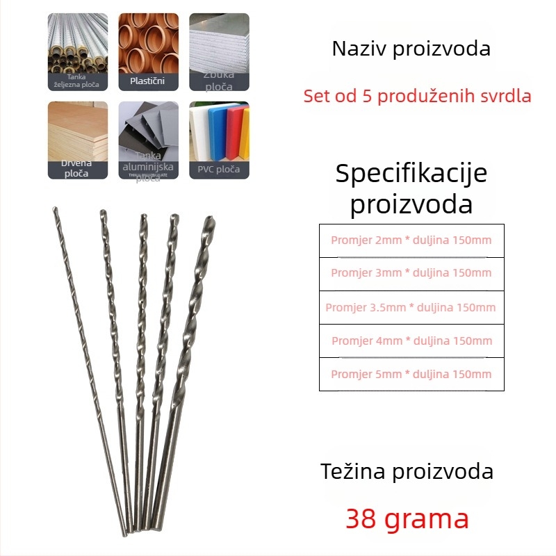 Longxing Ruiyu Set spiralnih bušilica za drvo, produženi, visoko brzinski čelik, ravni osovina