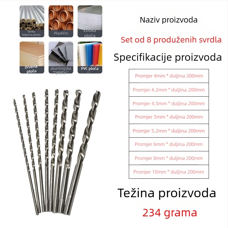 Longxing Ruiyu Set spiralnih bušilica za drvo, produženi, visoko brzinski čelik, ravni osovina