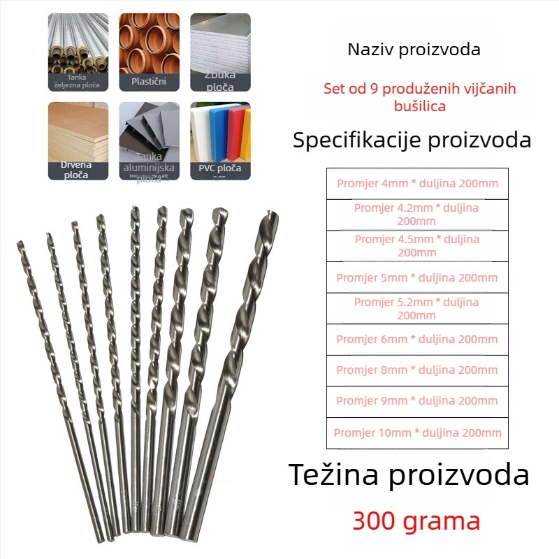 Longxing Ruiyu Set spiralnih bušilica za drvo, produženi, visoko brzinski čelik, ravni osovina