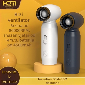 Ručni prijenosni ventilator za vanjsku upotrebu s ugrađenom baterijom 4000–6000 mAh, USB punjenje, brushless motor, regulacija brzine bez koraka, trajanje 1–3 h