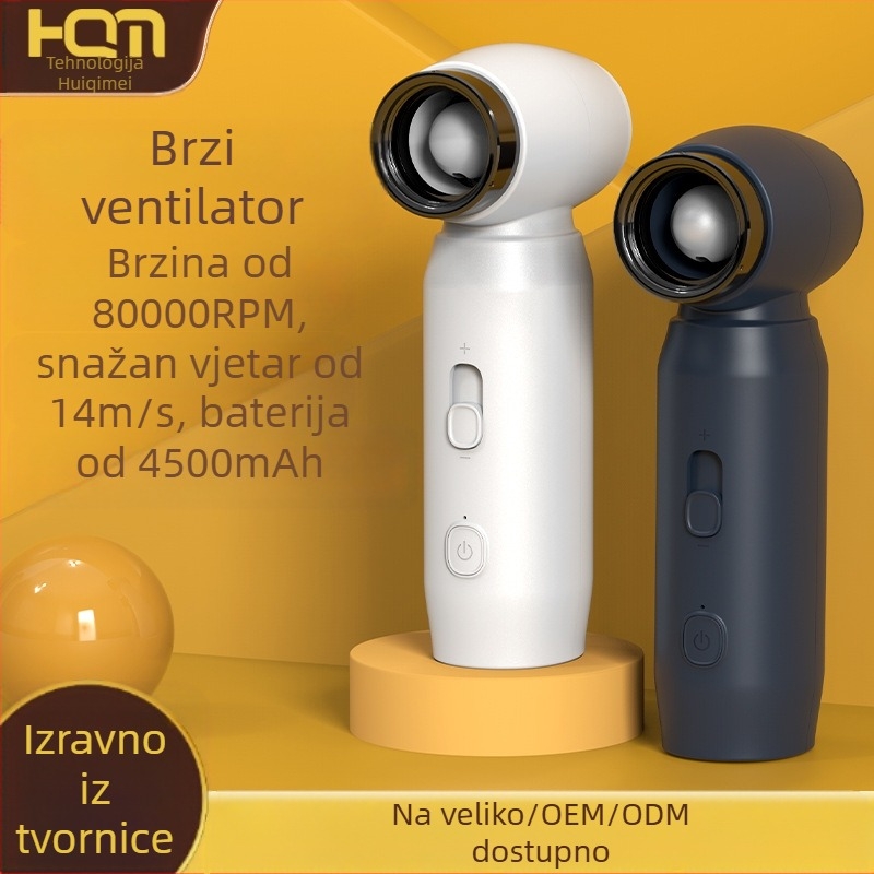 Ručni prijenosni ventilator za vanjsku upotrebu s ugrađenom baterijom 4000–6000 mAh, USB punjenje, brushless motor, regulacija brzine bez koraka, trajanje 1–3 h