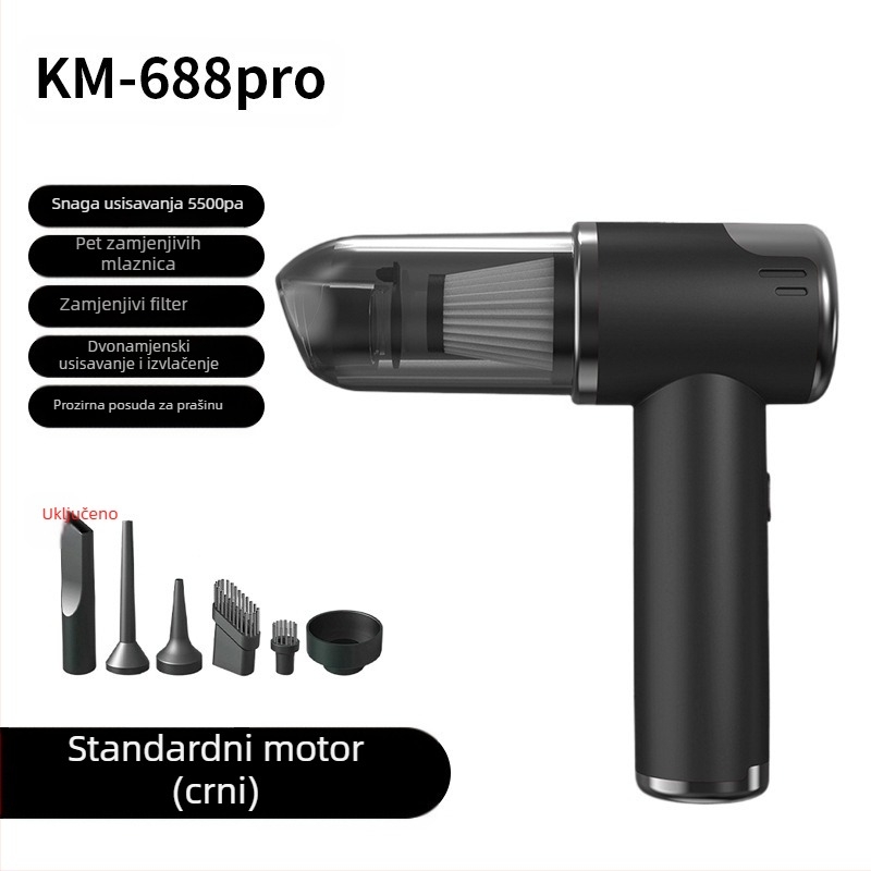 Bežični ručni usisivač za automobil i dom, ciklonska mlaznica, usis 2100–3000 Pa, snaga 75W, vrijeme rada 0–1 h, ugrađena baterija 1600–2000 mAh