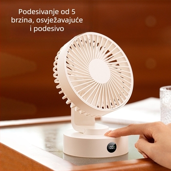 USB stolni ventilator, 5‑lopata, bezčetkasti motor, 5V 5W, ugrađena baterija 1200–2000mAh