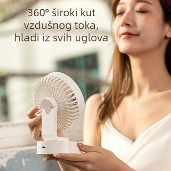 USB stolni ventilator, 5‑lopata, bezčetkasti motor, 5V 5W, ugrađena baterija 1200–2000mAh