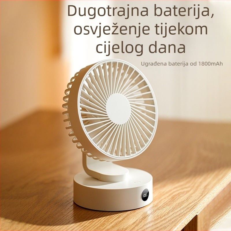 USB stolni ventilator, 5‑lopata, bezčetkasti motor, 5V 5W, ugrađena baterija 1200–2000mAh