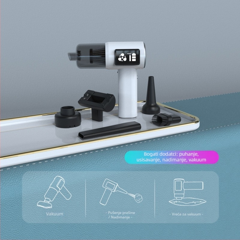 Bežični usisivač za auto s digitalnim zaslonom, dvostruka upotreba auto i dom, prenosni, 60W, 6000Pa, punjiv