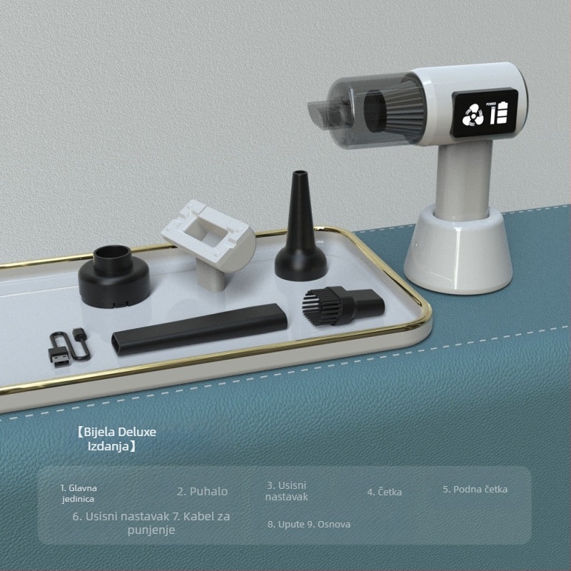 Bežični usisivač za auto s digitalnim zaslonom, dvostruka upotreba auto i dom, prenosni, 60W, 6000Pa, punjiv