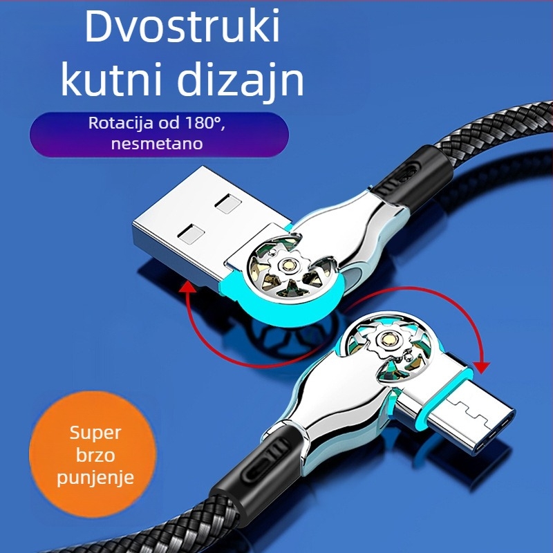 Prošireni USB-C kabel s LED-om, rotirajućim konektorom i višenamjenskim sučeljima (Lightning, Micro USB, USB-C) za Apple i Android u automobilu