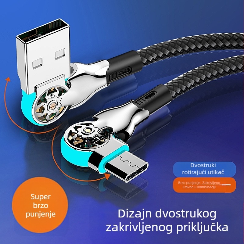 Prošireni USB-C kabel s LED-om, rotirajućim konektorom i višenamjenskim sučeljima (Lightning, Micro USB, USB-C) za Apple i Android u automobilu
