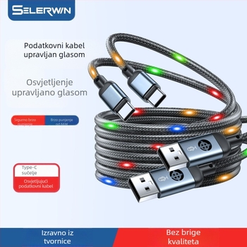 Kabel za brzo punjenje s jednim USB-C i Lightning konektorom, osvijetljen senzor glasovnog aktiviranja, pleteni kabel, maksimalni izlaz 480