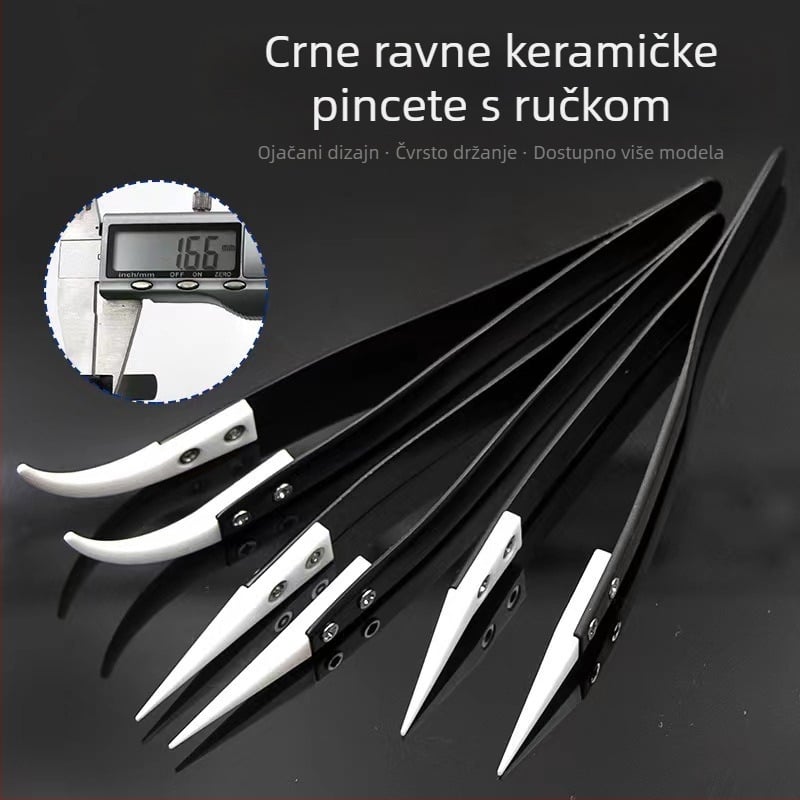 Precizne pincete s keramičkim vrhom i tijelom od nehrđajućeg čelika, antimagnetne, otporne na kiseline, s oštrim savijenim vrhom